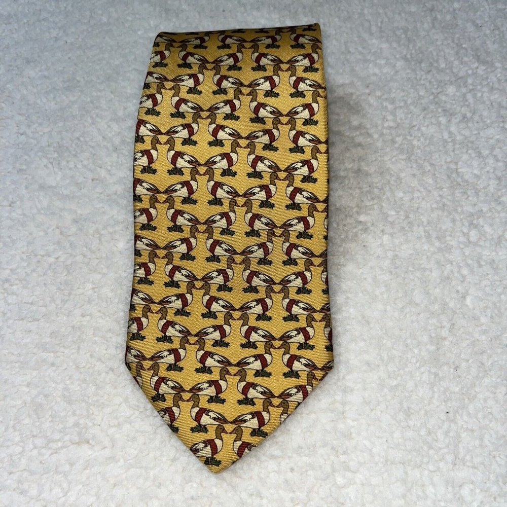 Brooks Brothers Men's Yellow Duck Mallards Print 100% Silk Necktie USA